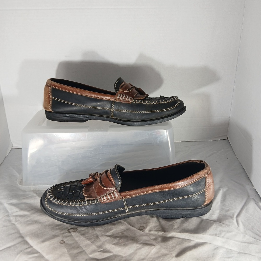 Giorgio Brutini Sport Loafers 10M Black Brown Kiltie Tassel Woven Leather Preppy - Picture 2 of 10